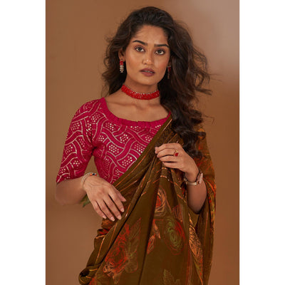 Brown Floral Printed Georgette Saree