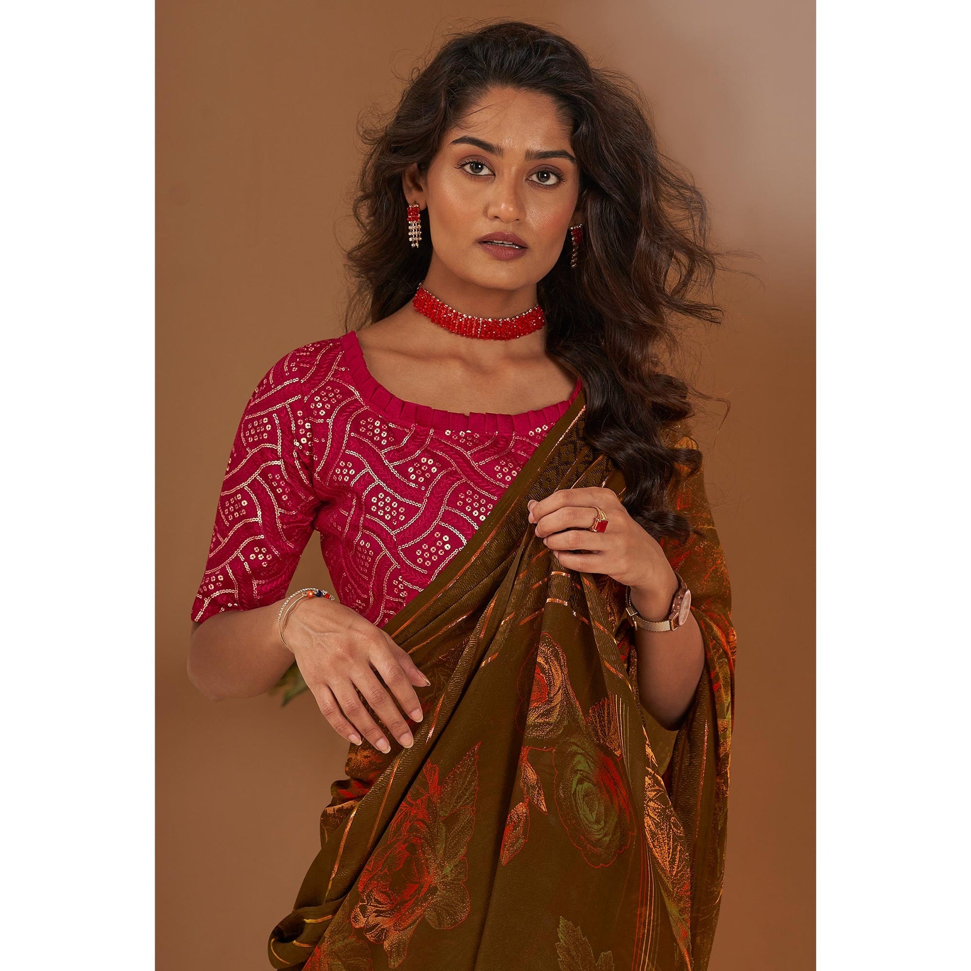 Brown Floral Printed Georgette Saree