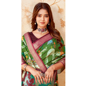 green-printed-cotton-silk-saree-with-jacquard-border