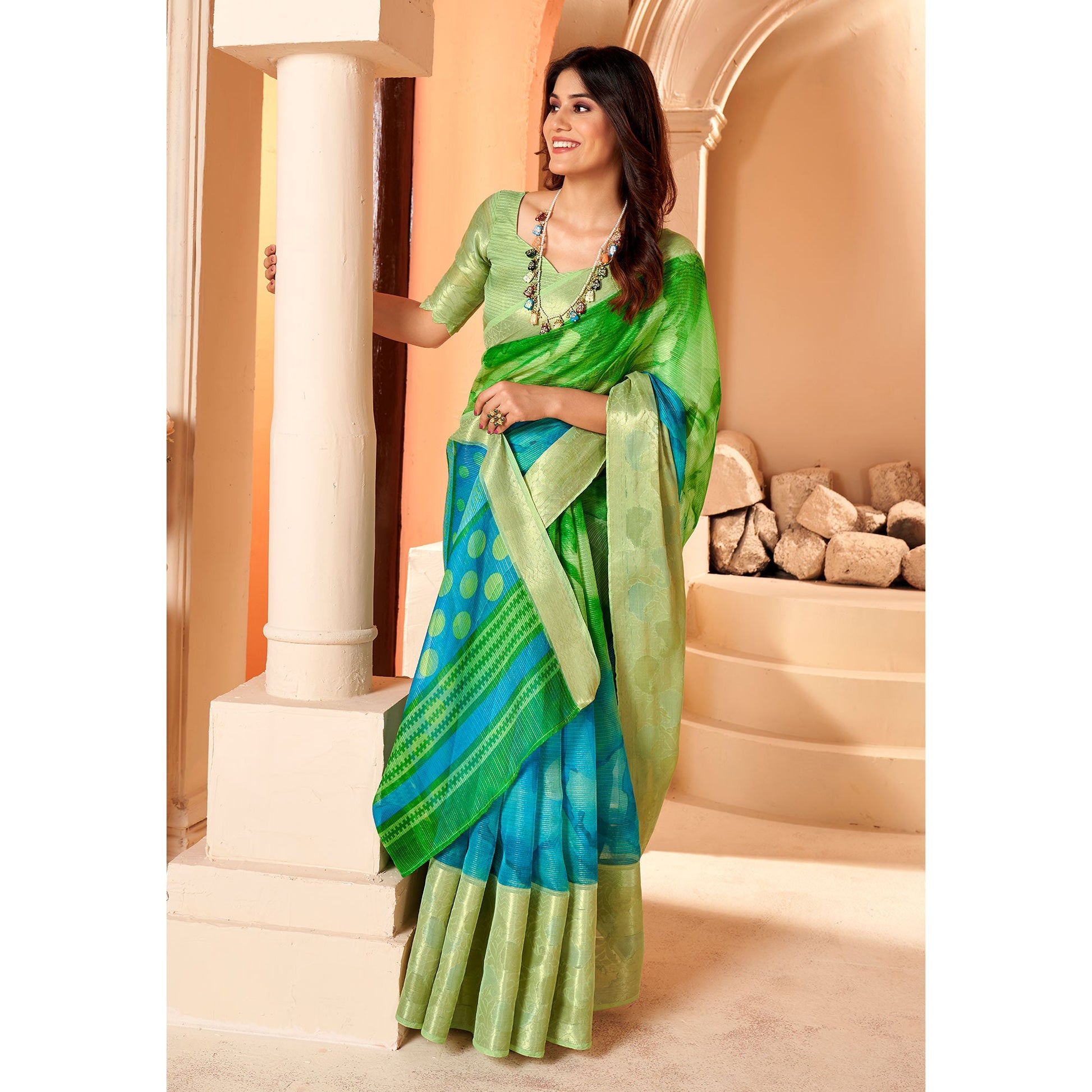1green-blue-printed-organza-saree-with-woven-border