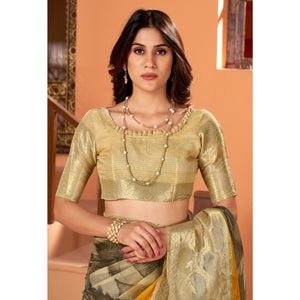 Brown & Mustard Printed Organza Saree With Woven Border