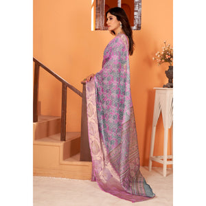 Light Purple Printed Organza Saree With Woven Border