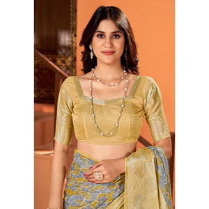 Light Mustard Printed Organza Saree With Woven Border