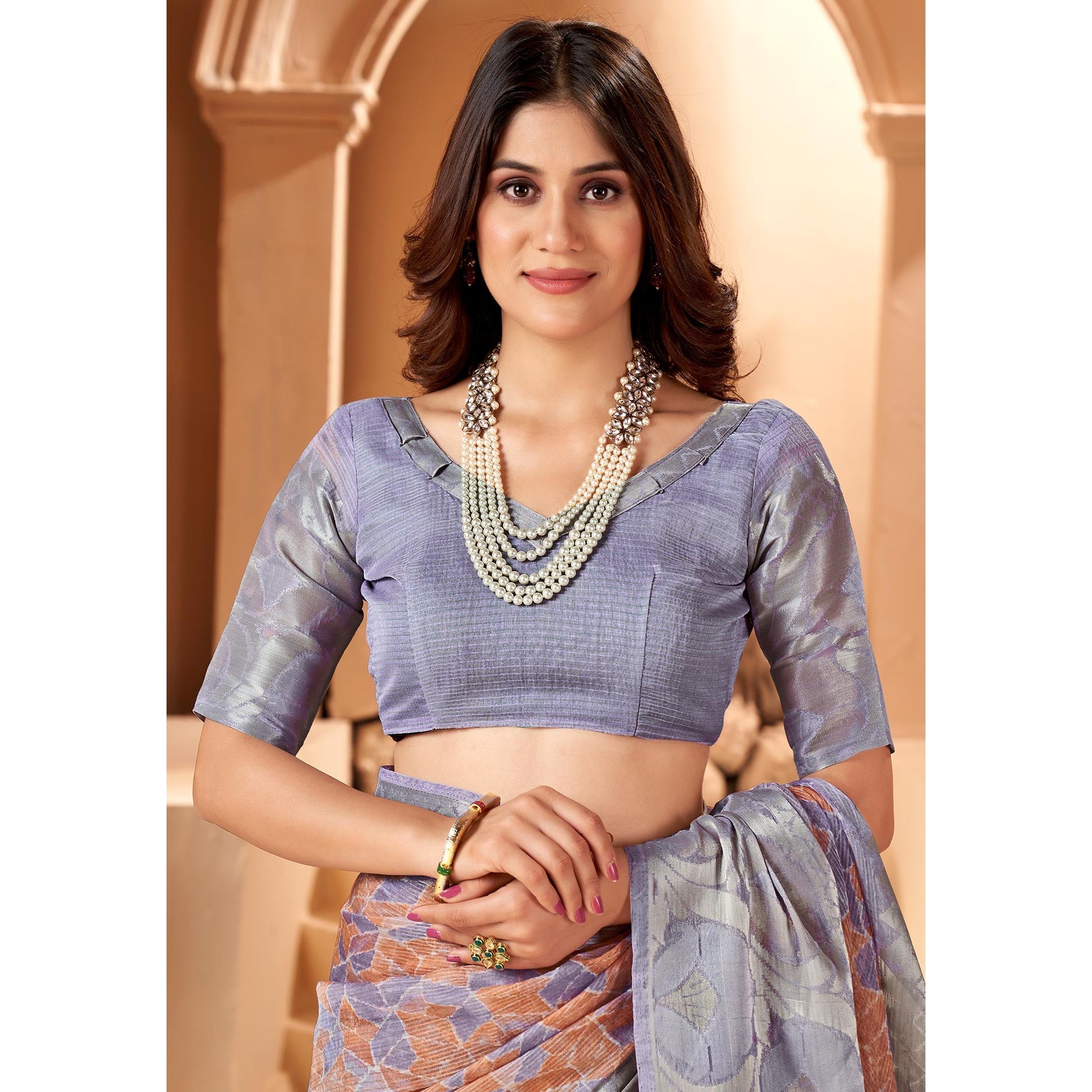 Light Lavender Printed Organza Saree With Woven Border