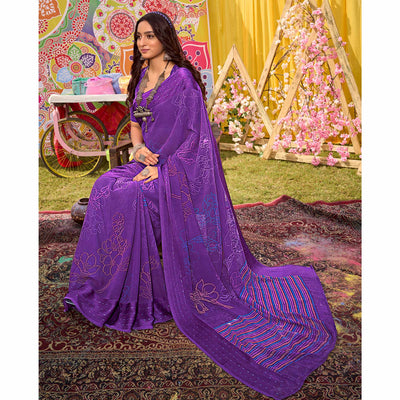 Lavender Floral Printed Georgette Saree With Woven Border