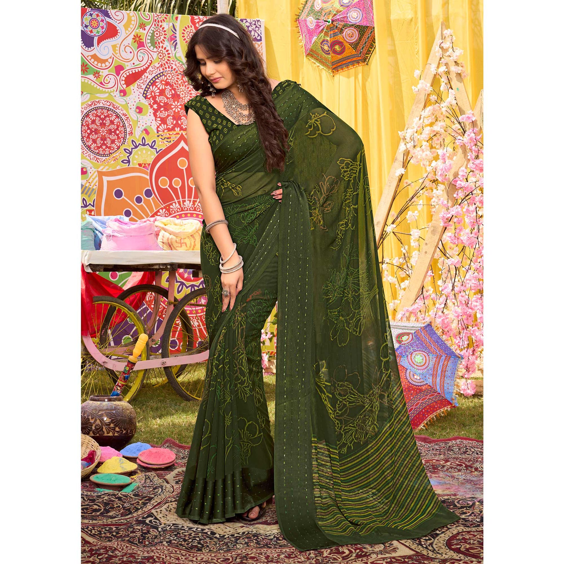 green-floral-printed-georgette-saree-with-woven-border-1
