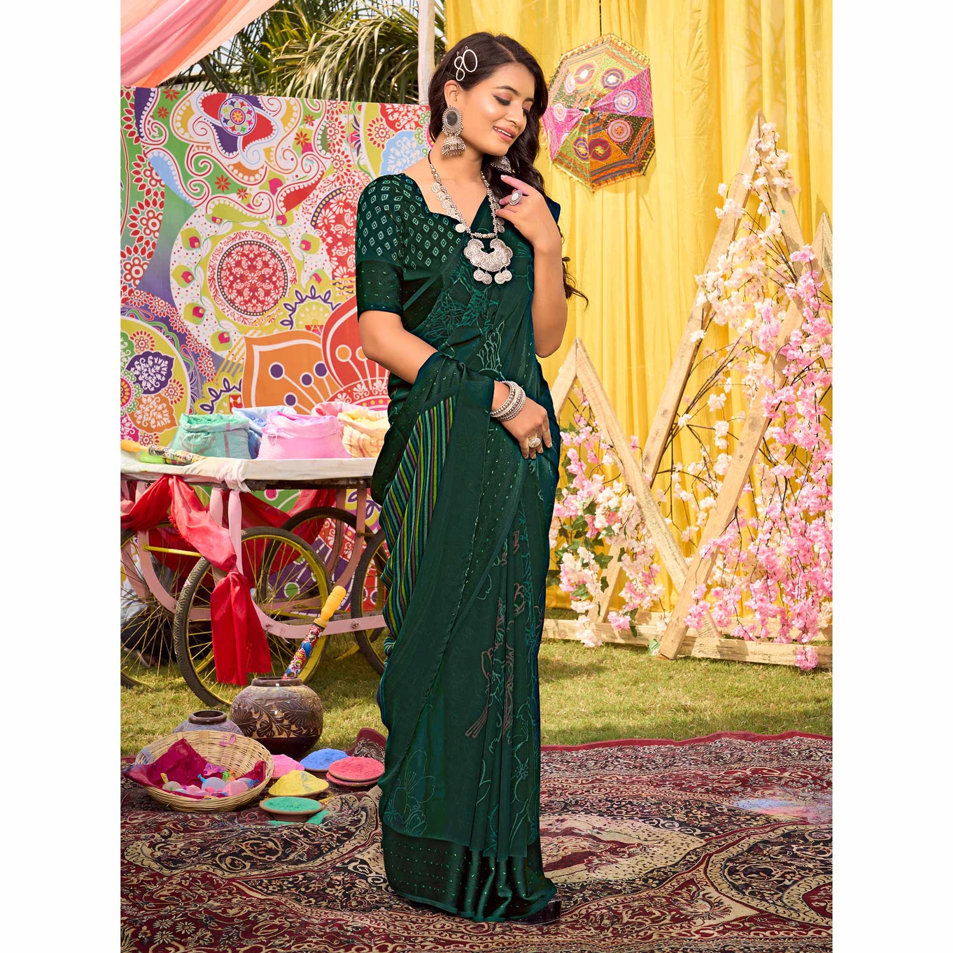 Bottle Green Floral Printed Georgette Saree With Woven Border