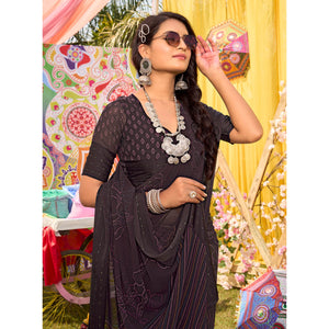 Coffee Brown Floral Printed Georgette Saree With Woven Border