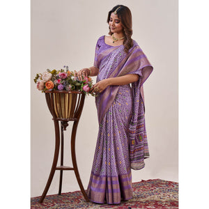 Lavender Ikkat Printed With Jacquard Border Cotton Silk Saree