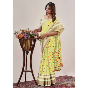 Lemon Yellow Ikkat Printed With Jacquard Border Cotton Silk Saree