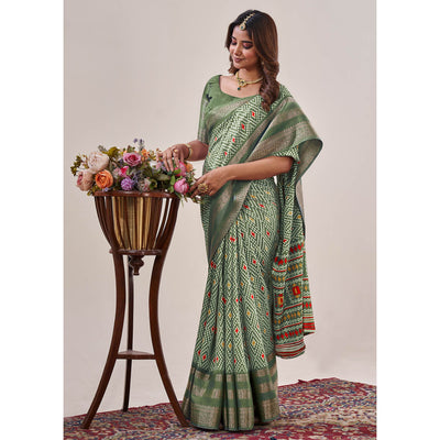 Dusty Green Ikkat Printed With Jacquard Border Cotton Silk Saree