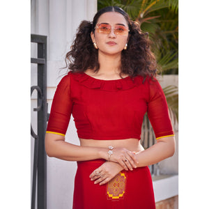 Maroon Foil Printed Georgette Saree With Tassels