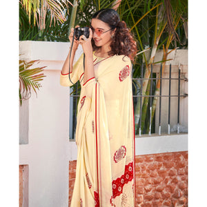 Cream Foil Printed Georgette Saree With Tassels