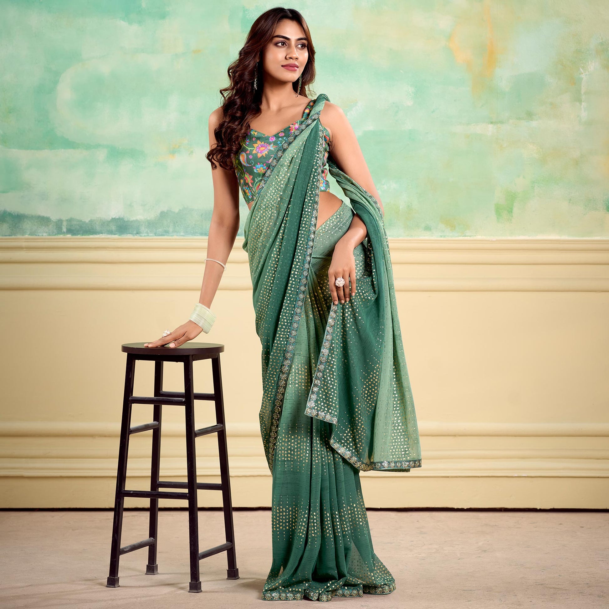 Dusty Green Foil Printed With Sequins Georgette Saree