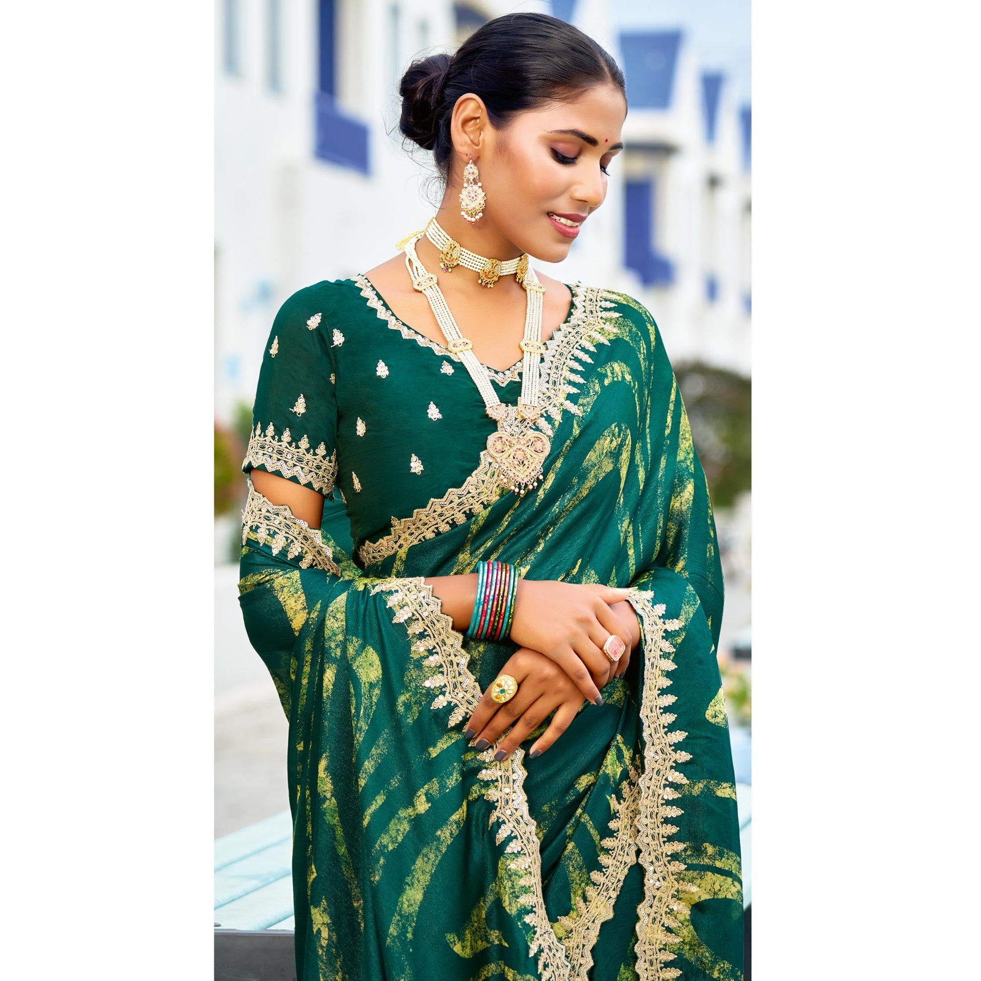 green-printed-chiffon-saree-with-sequins-border