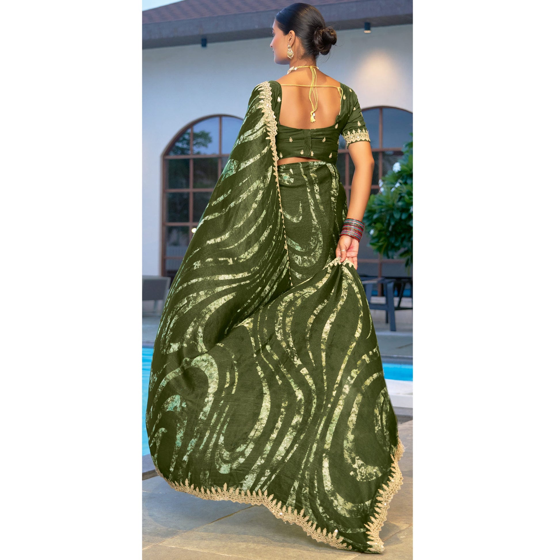 Mehandi Green Printed Chiffon Saree With Sequins Border