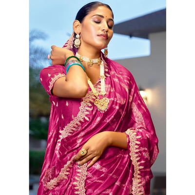Magenta Printed Chiffon Saree With Sequins Border