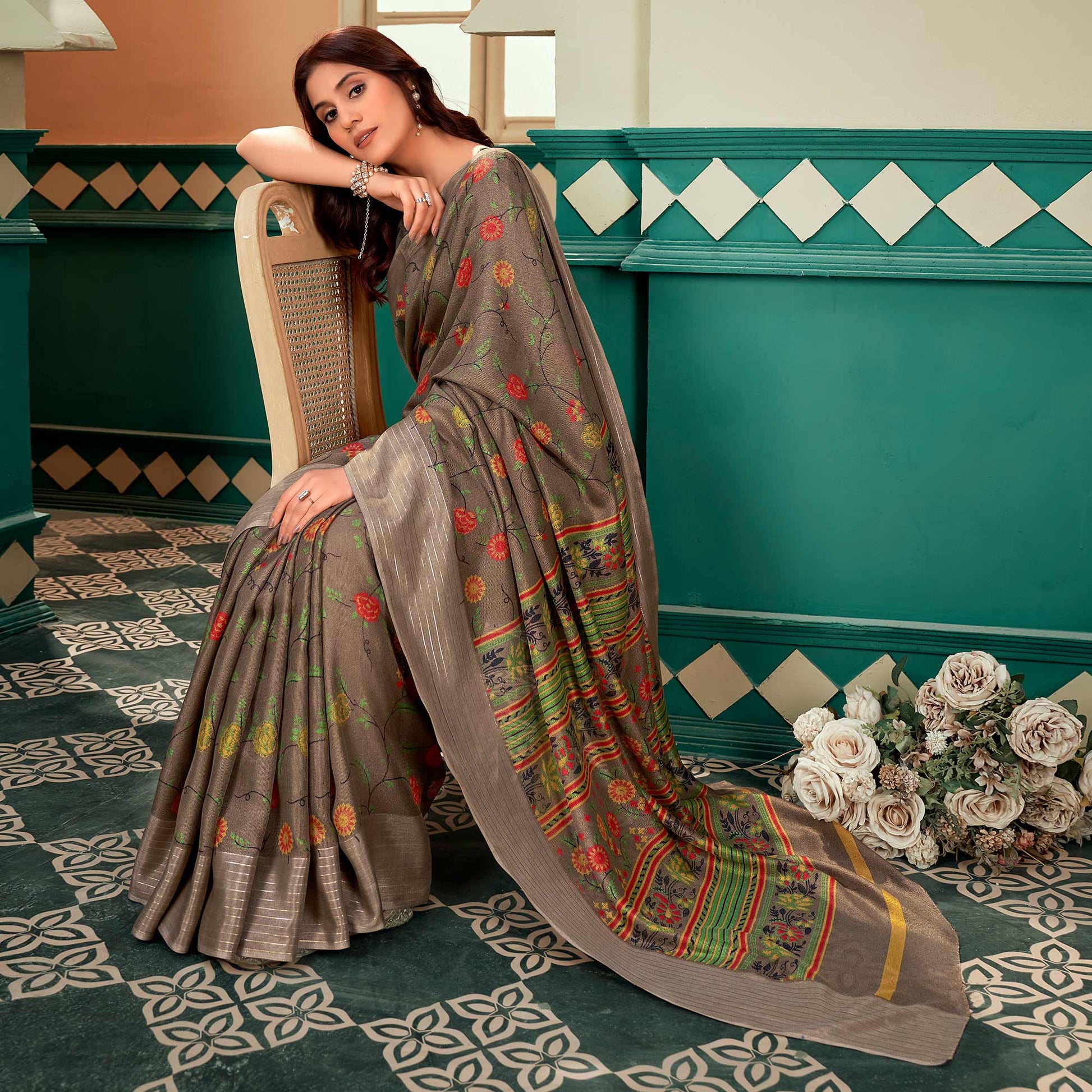 Brown Floral Printed Linen Saree