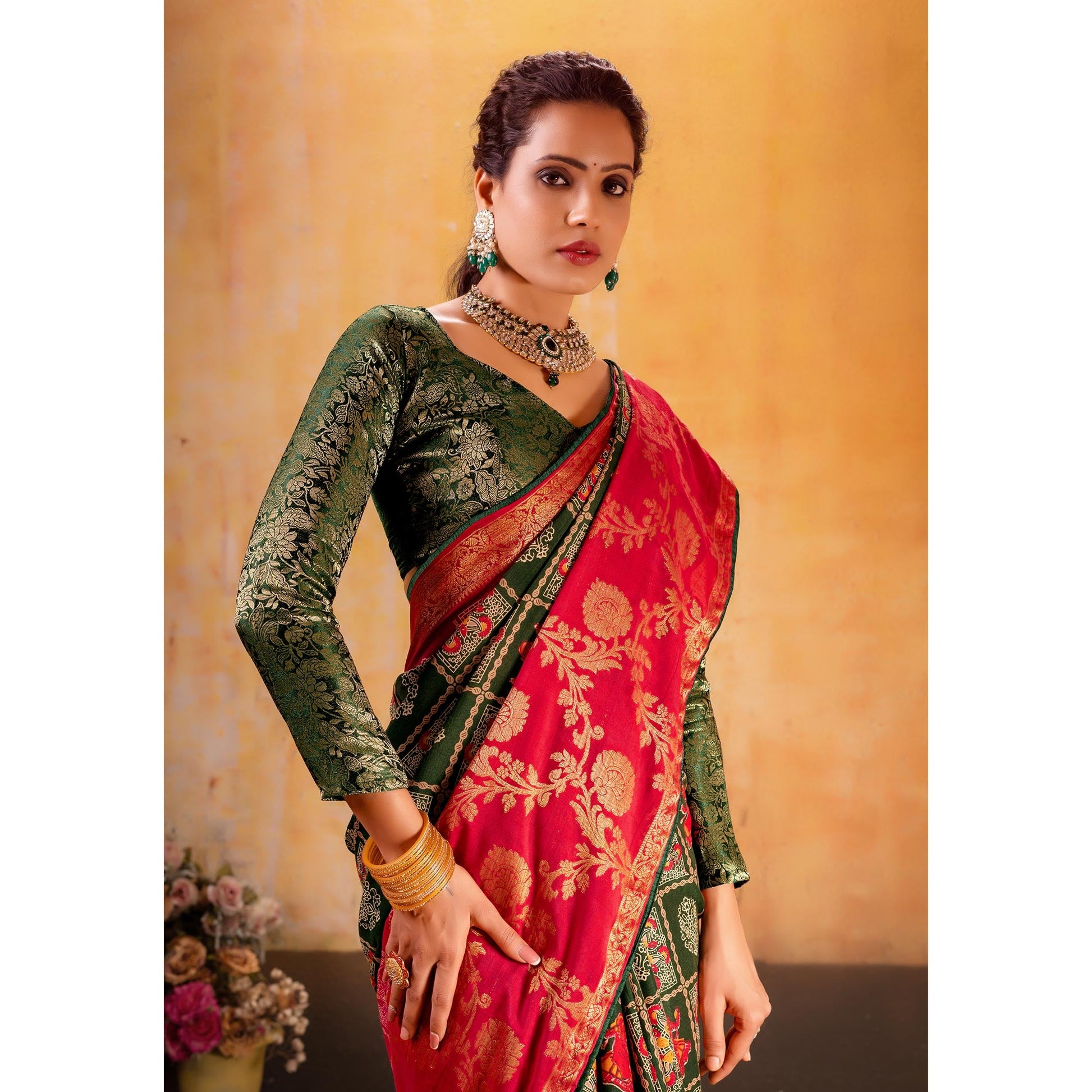 Dark Green Patola Printed Jacquard Saree