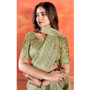 Mehandi Green Bandhani Printed Chiffon Saree With Embroidered Border