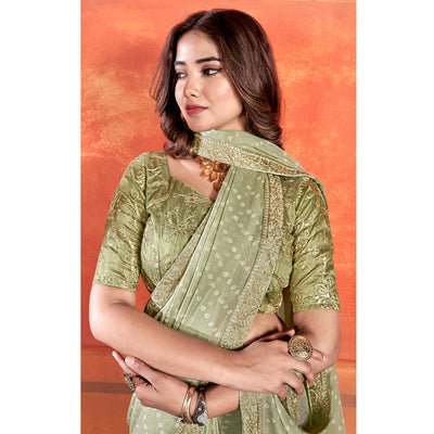 Mehandi Green Bandhani Printed Chiffon Saree With Embroidered Border