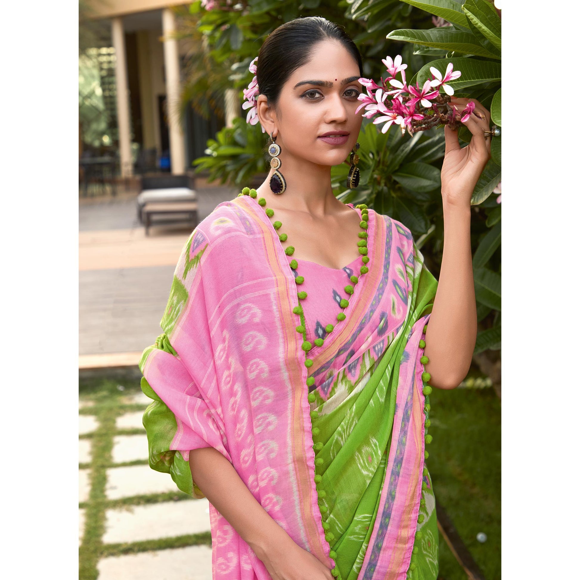 green-pink-printed-pure-cotton-saree-with-pum-pum-border