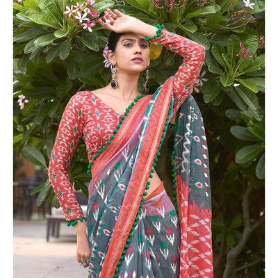 Grey Printed Pure Cotton Saree With Pum Pum Border