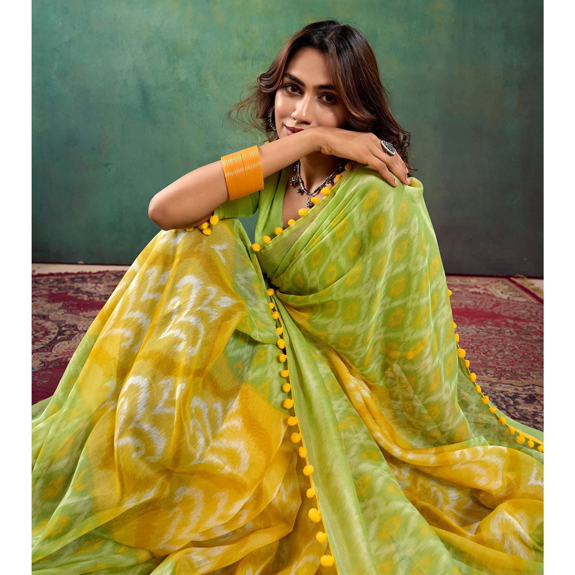 green-yellow-ikkat-printed-mul-mul-cotton-saree