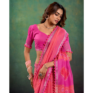 Gajri Pink Ikkat Printed Mul Mul Cotton Saree