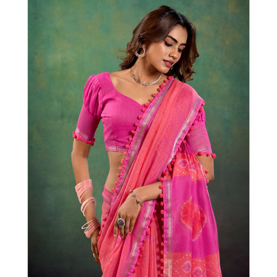 Gajri Pink Ikkat Printed Mul Mul Cotton Saree