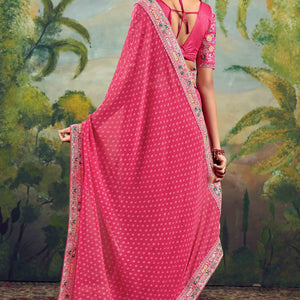 Gajri Pink Bandhani Printed Georgette Saree With Embroidered Border