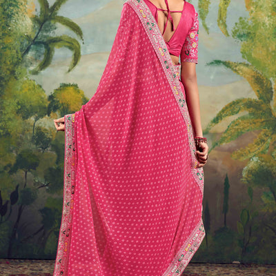 Gajri Pink Bandhani Printed Georgette Saree With Embroidered Border