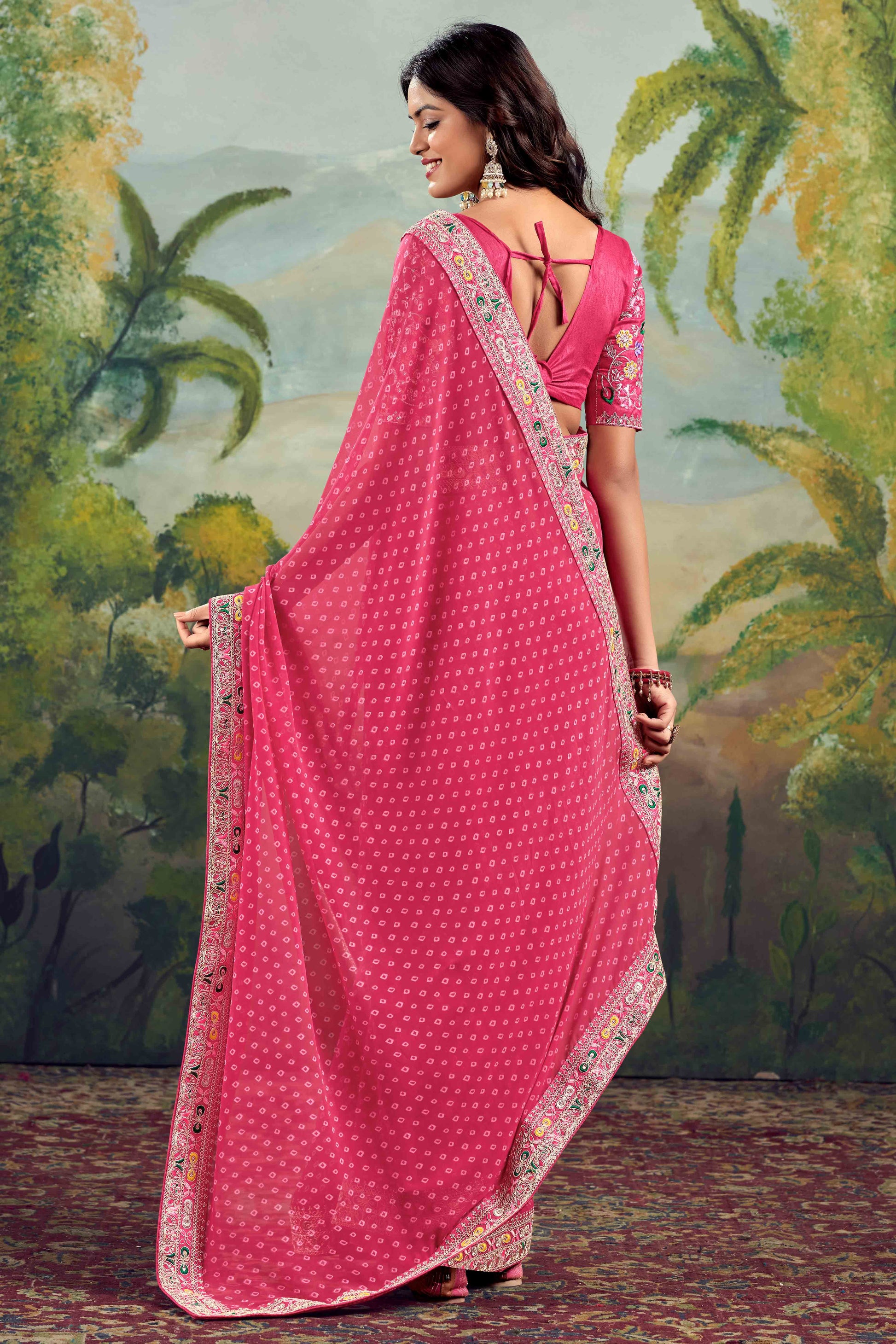 Gajri Pink Bandhani Printed Georgette Saree With Embroidered Border