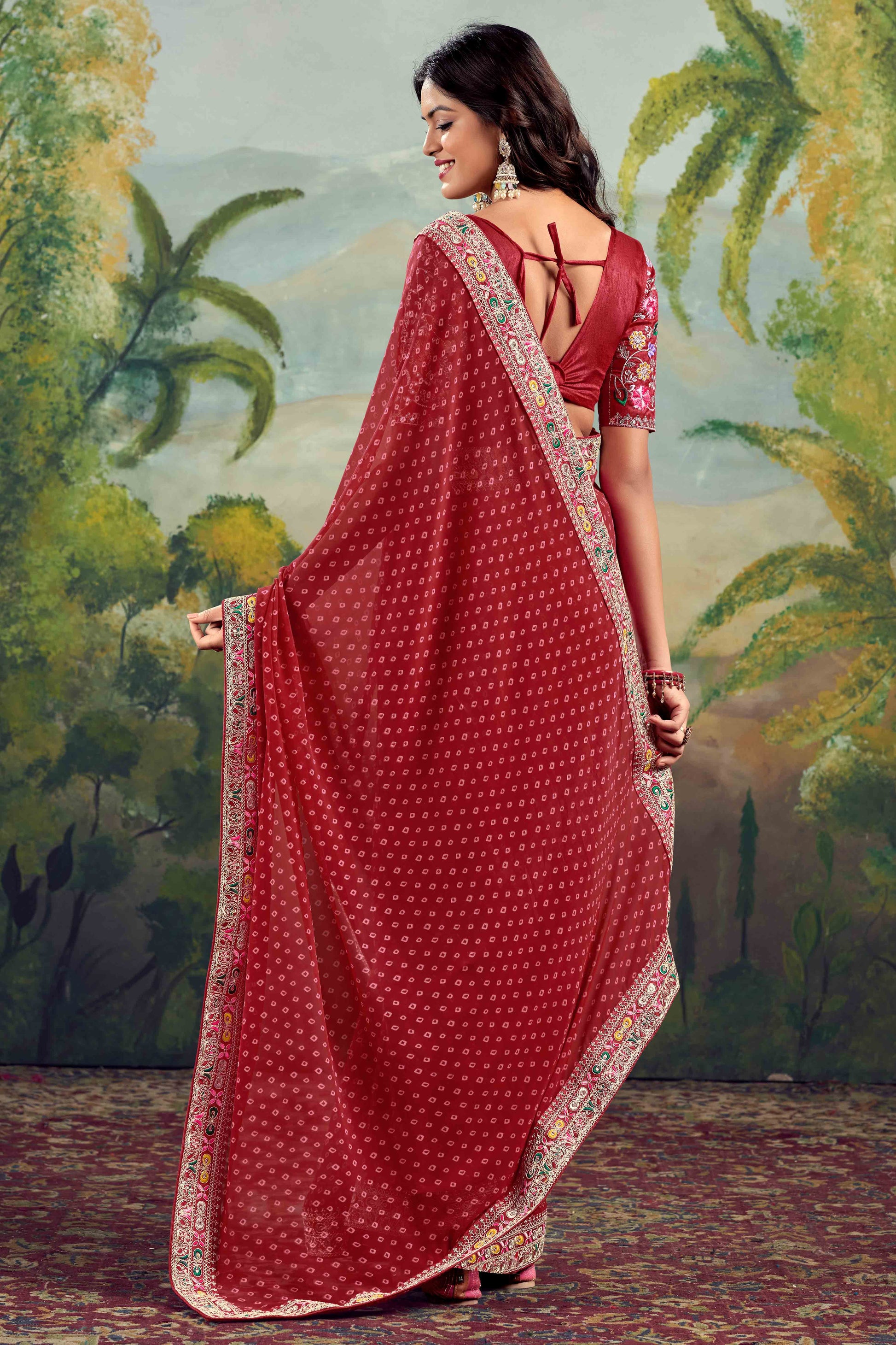Maroon Bandhani Printed Georgette Saree With Embroidered Border