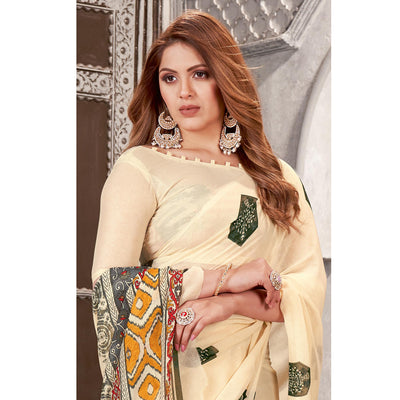Cream Floral Printed Chiffon Saree