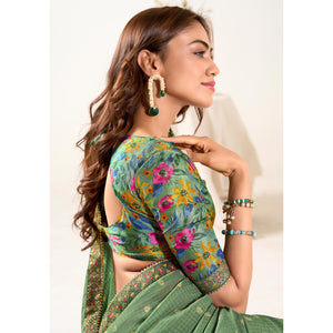 Dusty Green Printed With Woven Georgette Saree With Tassels