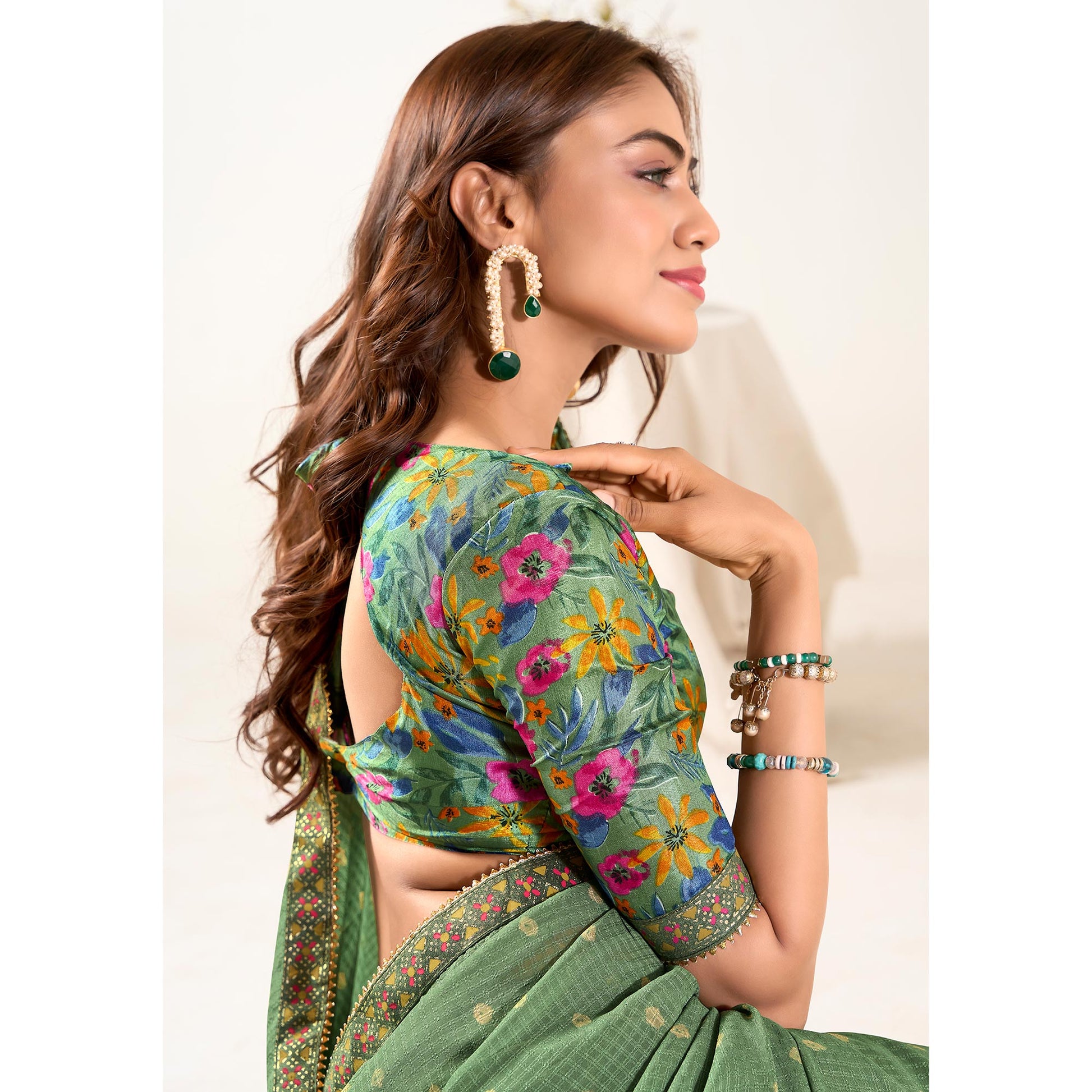 Dusty Green Printed With Woven Georgette Saree With Tassels