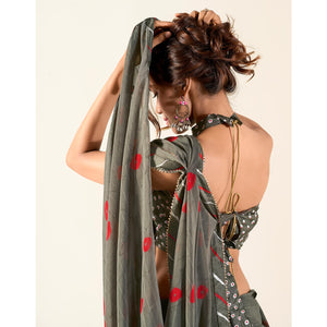 Grey Printed With Woven Georgette Saree With Tassels