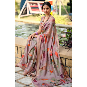 Mauve Floral Digital Printed Viscose Saree With Zari Border
