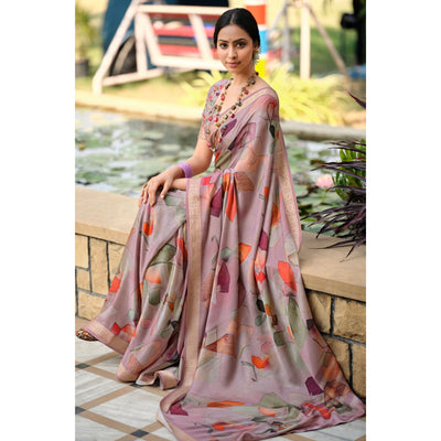 Mauve Floral Digital Printed Viscose Saree With Zari Border