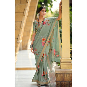 Dusty Green Floral Digital Printed Viscose Saree With Zari Border