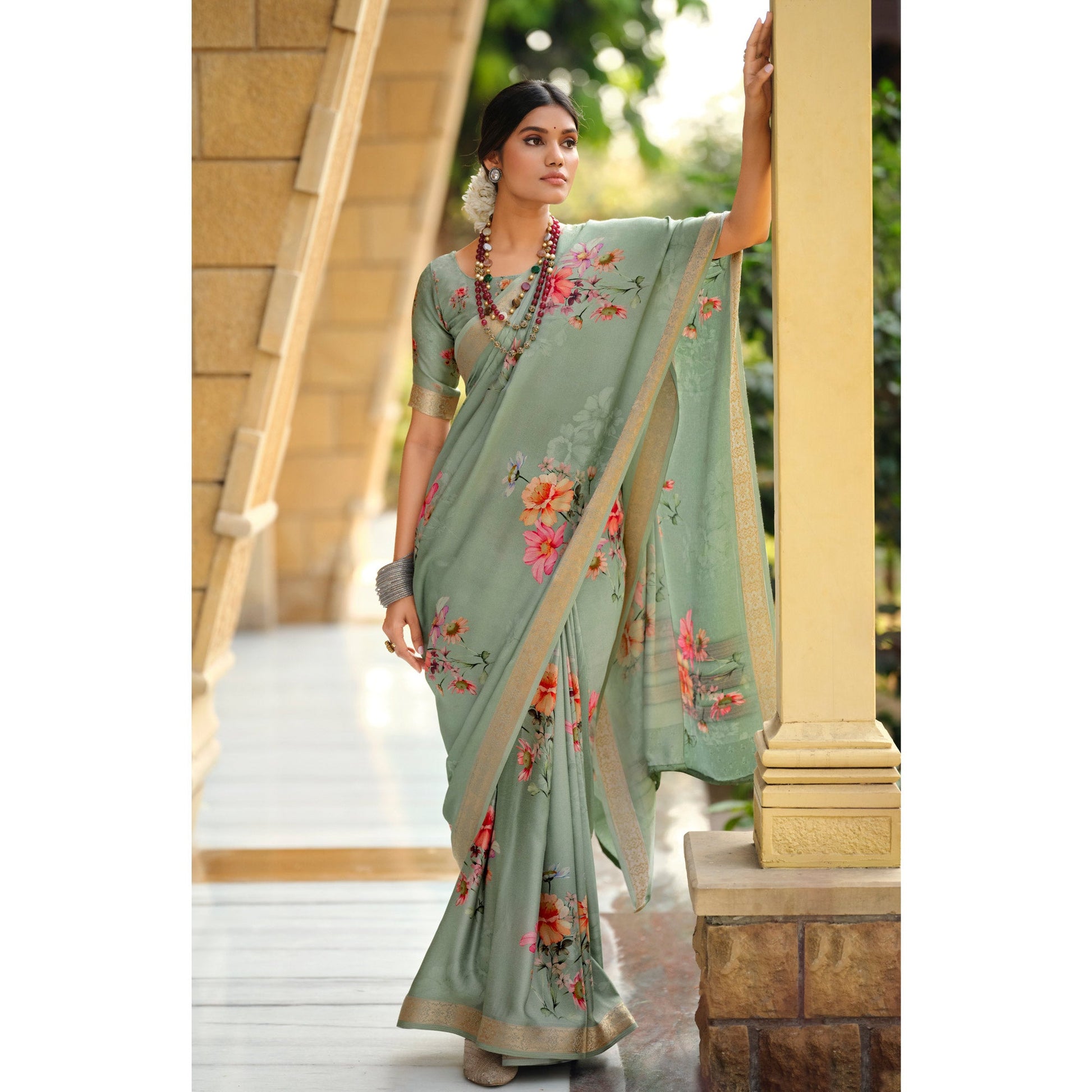 Dusty Green Floral Digital Printed Viscose Saree With Zari Border