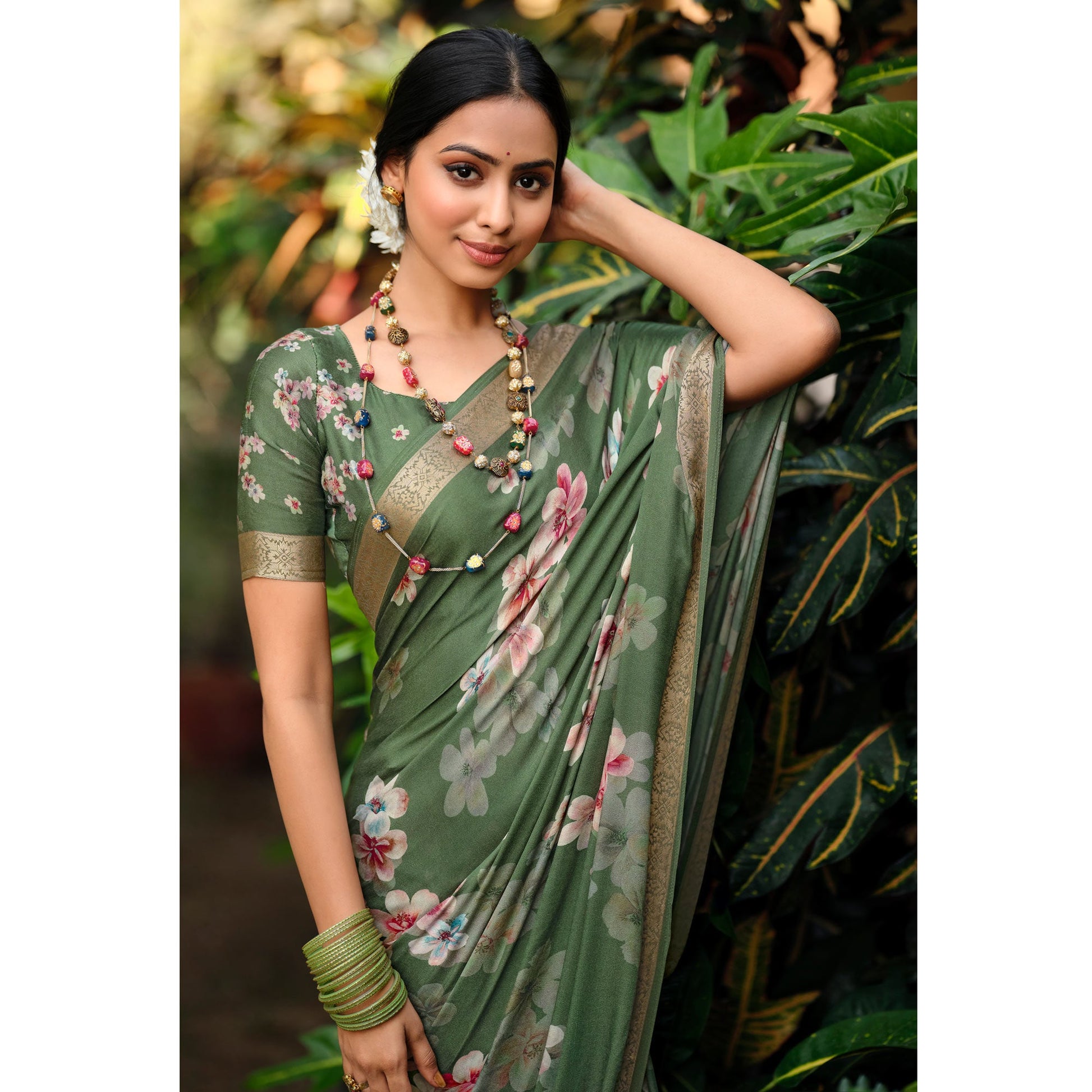 green-floral-digital-printed-viscose-saree-with-zari-border
