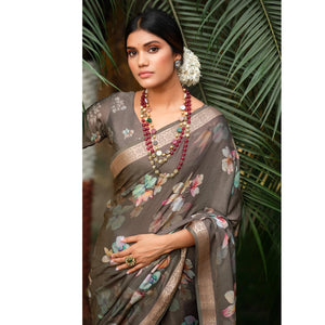 Brown Floral Digital Printed Viscose Saree With Zari Border