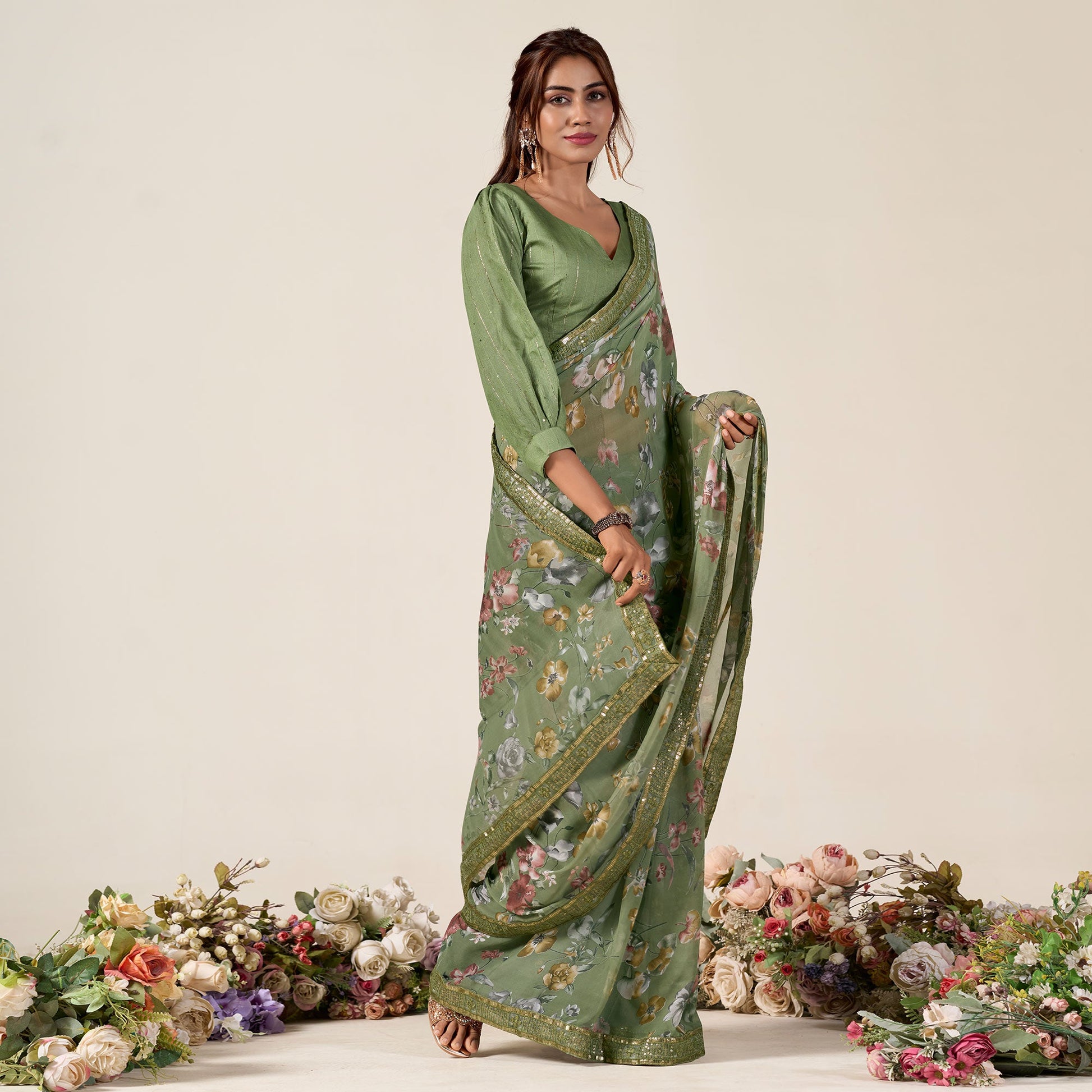 Dusty Green Floral Printed Chiffon Saree With Designer Border