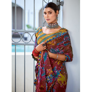 Dark Brown Printed Satin Saree With Frill Border