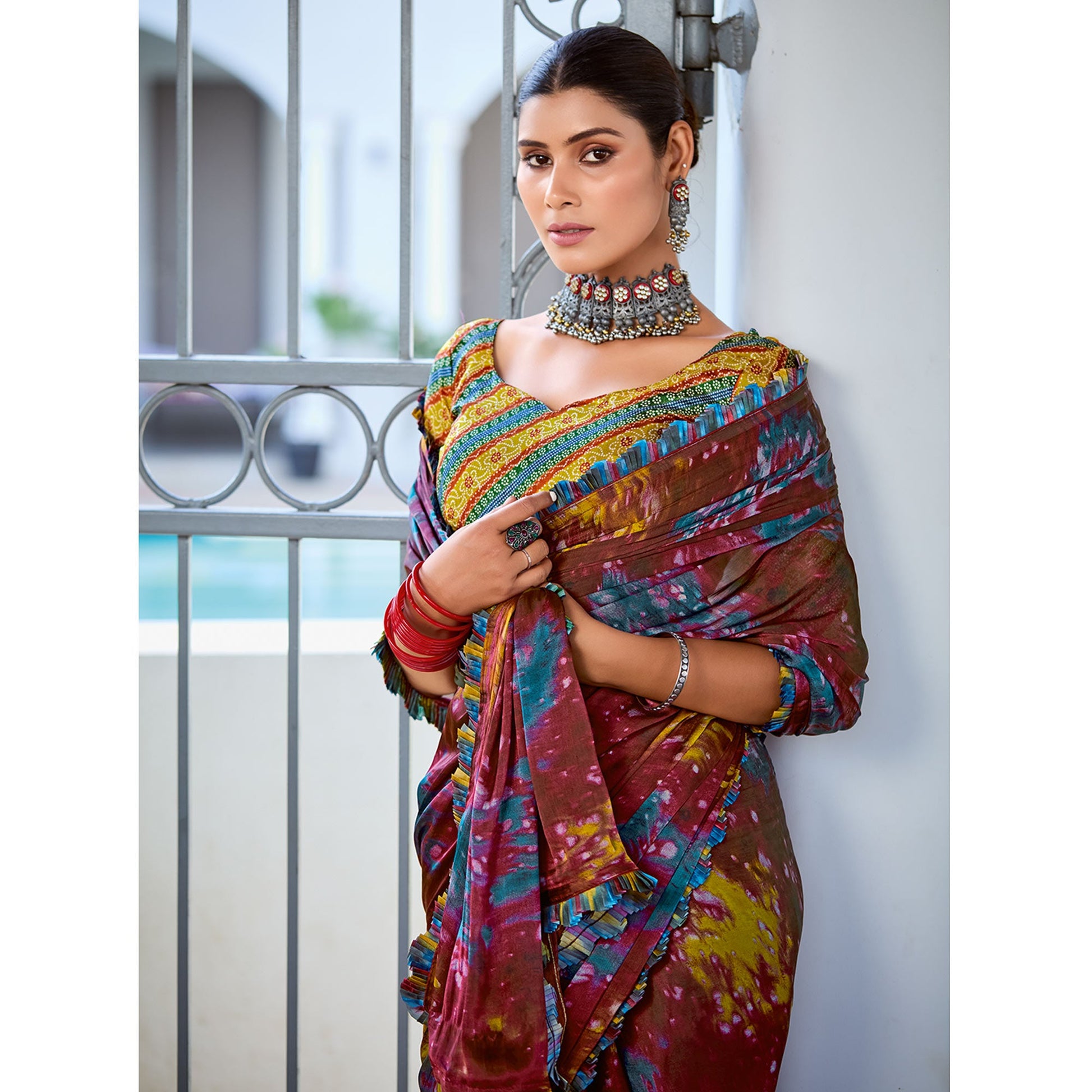 Dark Brown Printed Satin Saree With Frill Border