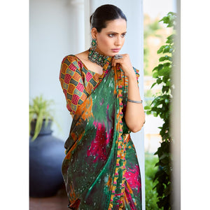 Bottle Green Printed Satin Saree With Frill Border