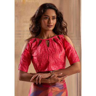 Gajri Pink Printed Nylon Saree With Tassels