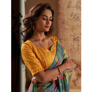 Bluish Grey Printed Nylon Saree With Tassels